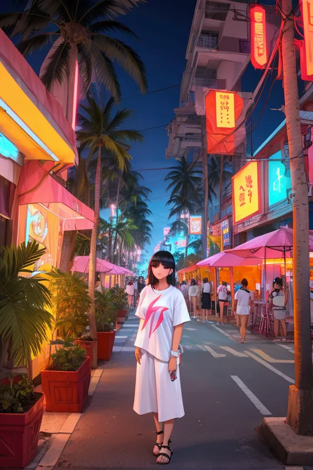 elevated street style: a white oversized tee with a neon-colored  intertwined with palm trees, capturing the vibrant nightlife o...