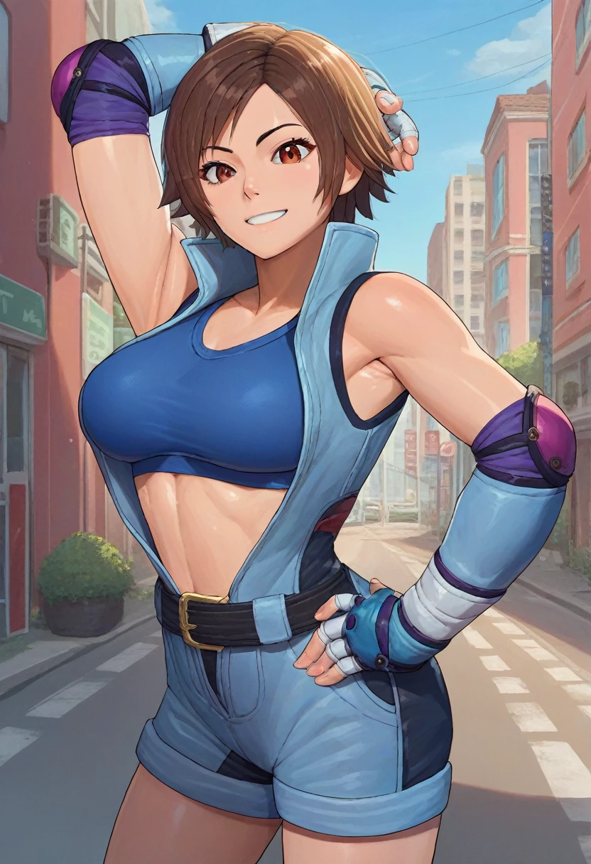 score_9, score_8_up, score_7_up, source_anime, solo, 1girl, asukadef, smile, looking at viewer, hand on hip, short jumpsuit, sports bra, elbow pads, fingerless gloves, shorts, belt, outdoors, city street , large breasts, arms up, detailed armpits