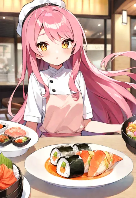 cute、princess、young、yellow eyes、pink hair、super long style、half twin、sushi restaurant、chef&#39;s costume、smile、red cheeks、stage、...