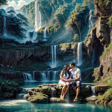 there is a man and woman sitting in a river with a waterfall in the background, with a waterfalls, stream of love and happiness,...