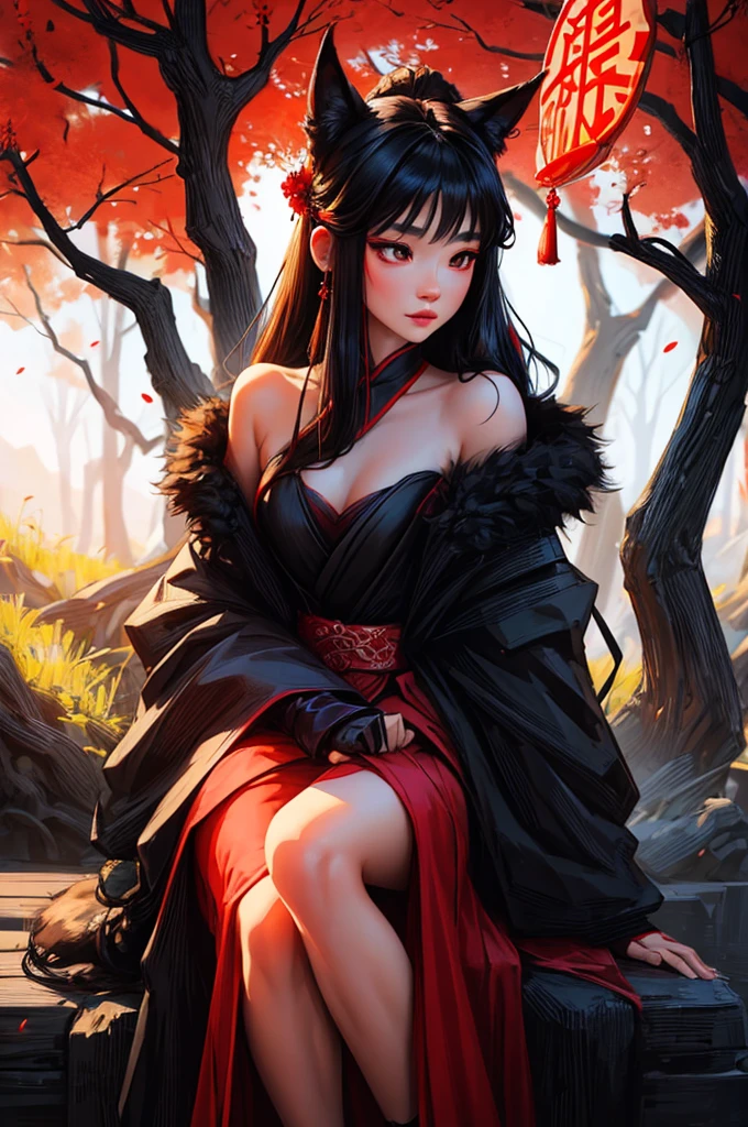 beautiful girl with Chinese styled hair, red eyes, fox ears and a black fox tail, wearing a extravagant off shoulder Hanfu dress, hyperrealistic, highly detailed, 8k, photorealistic, intricate, cinematic lighting, dramatic lighting, scenic atmosphere, warm color palette, cinematic pose, elegant, mystical, magical, fanciful, ethereal, fantasy art, Beautiful Chinese trees scenery