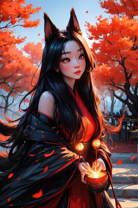 beautiful girl with chinese styled hair, red eyes, fox ears and a black fox tail, wearing a extravagant off shoulder hanfu dress...