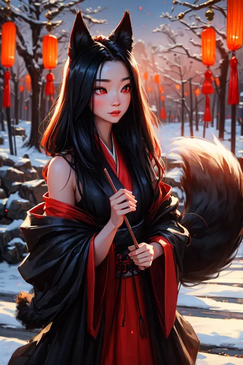 beautiful girl with chinese styled hair, red eyes, fox ears and a black fox tail, wearing a extravagant off shoulder hanfu dress...