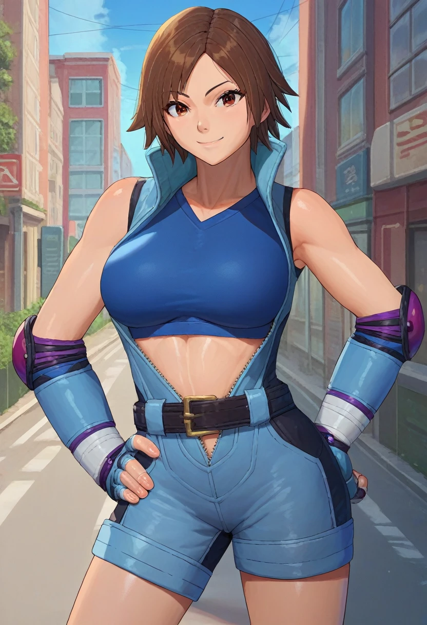 score_9, score_8_up, score_7_up, source_anime, solo, 1girl, asukadef, smile, looking at viewer, hand on hip, short jumpsuit, sports bra, elbow pads, fingerless gloves, shorts, belt, outdoors, city street , large breasts, arms up, detailed armpits