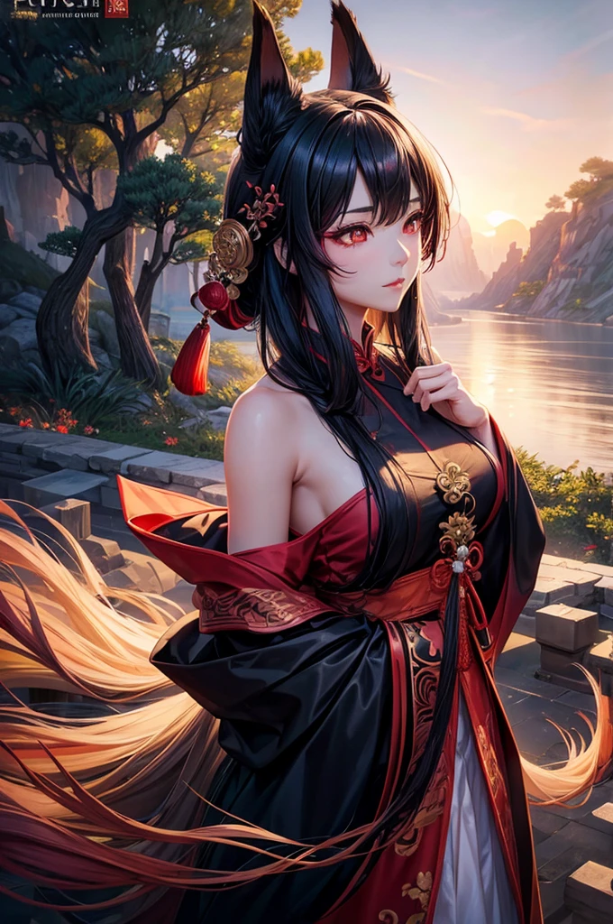 beautiful girl with Chinese styled hair, red eyes, fox ears and a black fox tail, wearing a extravagant off shoulder Hanfu dress, hyperrealistic, highly detailed, 8k, photorealistic, intricate, cinematic lighting, dramatic lighting, scenic atmosphere, warm color palette, cinematic pose, elegant, mystical, magical, fanciful, ethereal, fantasy art, Beautiful Chinese trees scenery