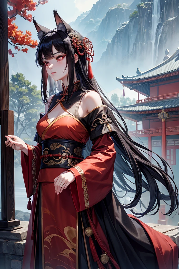 beautiful girl with Chinese styled hair, red eyes, fox ears and a black fox tail, wearing a extravagant off shoulder Hanfu dress, hyperrealistic, highly detailed, 8k, photorealistic, intricate, cinematic lighting, dramatic lighting, scenic atmosphere, warm color palette, cinematic pose, elegant, mystical, magical, fanciful, ethereal, fantasy art, Beautiful Chinese trees scenery