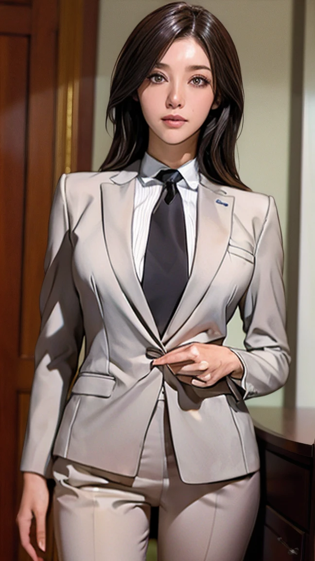 Ultra-high resolution, Accurate, Anatomically correct, Textured skin, Attention to detail, 8k, A woman in a suit takes a photo, a hyperRealistic , hyperRealistic , Wear a proper business suit, photoRealistic perfect body, Realistic , On the desk, standing On the desk, ultra Realistic picture, Wearing a strict suit, Realistic shaded perfect body, Dressed in a strict suit, photoRealistic girl render, A light smile,