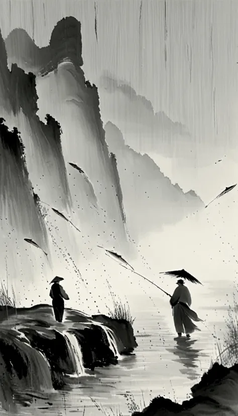 black and white art, fishing, holding an umbrella over his head