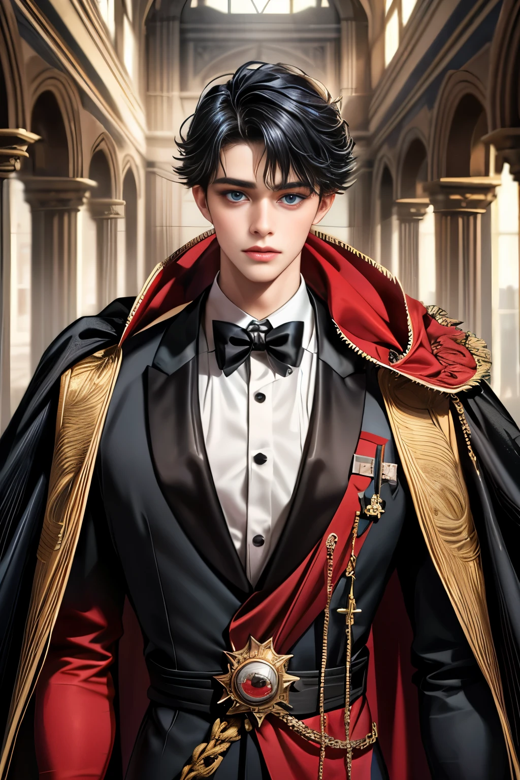 masterpiece, 最high quality, high quality, 1 boy, alone, Male focus, Upper Body,Watching the audience, Messy black hair, Adorable big blue eyes, White, Noble, Noble,A black and red cape that is bursting with sexy volume、Tuxedo、A very voluminous, large, very large, very large, long, long red and black cape with a high stand-up collar, made of a lot of fabric that reaches down to the floor., ,cute beautiful,Cute, cute, kind, handsome guy