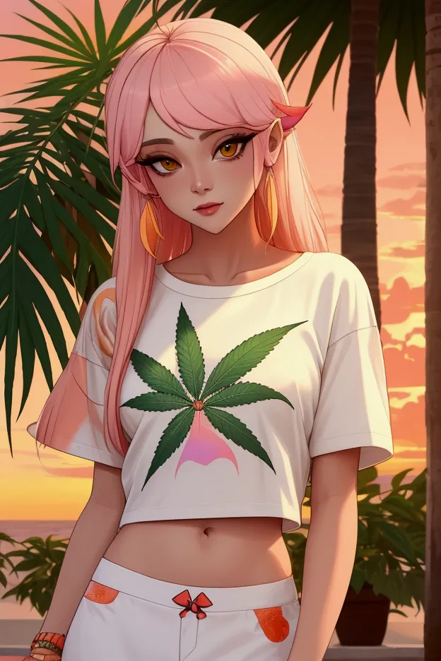 sunset & sativa: a graphic tee in soft pastel hues, with a large pattaya weed  leaf surrounded by the colors of pattaya’s famous...