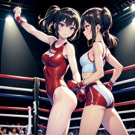 wear highleg athletic outfits , wear boxing groves , asian girl , stand in boxing ring , anime style face.