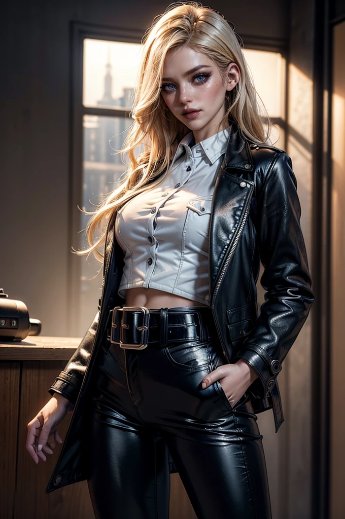 cowboy shot,a pretty 2 girl,blond hair,blue eyes,lora_Emma,slim athletic body,tight and stretched white blouse with buttons,button gap,short sleeves,pokies,ultra low rise black shiny latex pants,(double metal belt),empty studiobackground,((black leather coat)),(best quality,4k,8k,highres,masterpiece:1.2),ultra-detailed,(realistic,photorealistic,photo-realistic:1.37),dramatic lighting,cinematic,fashion photography,studio lighting,high contrast,vivid colors,beautiful detailed eyes,beautiful detailed lips,extremely detailed eyes and face,long eyelashes, (touching hair), (hand in pocket)