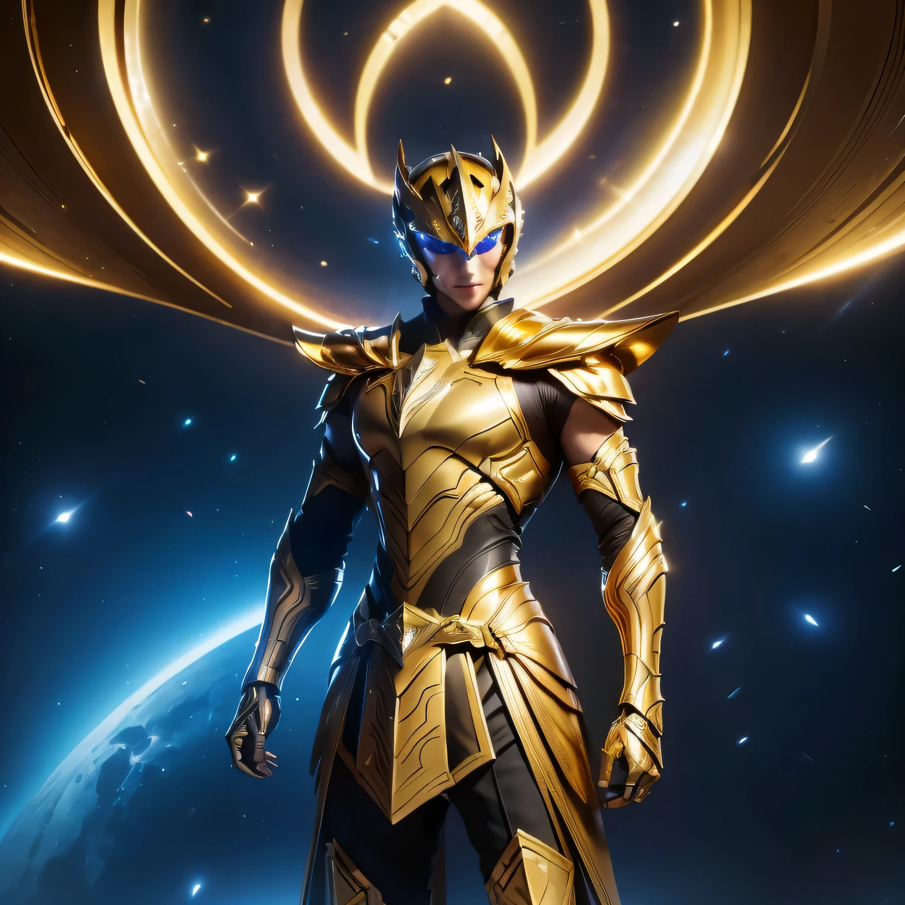 It's a man. The image presents a highly detailed and futuristic armor designed for a male warrior. The armor combines elements from different parts to create a cohesive and powerful look. Helmet: The helmet features a sleek, aerodynamic design with a golden metallic finish. It has a central crest that rises upwards, and the visor glows with a bright blue light, giving it a high-tech, futuristic appearance. Pauldrons (Shoulder Pads): The shoulder pads are designed to be close to the chest, with angular lines extending smoothly toward the shoulders. They have a polished golden finish and curve elegantly upward, creating a harmonious transition between the chest and shoulders, while providing a majestic and protective look. Chest Plate: The chest plate is intricately segmented, with a combination of gold and dark metallic blue. It has a gem-like crystal in the center that emits a soft, mystical glow. The design of the chest plate is both protective and regal, with sharp, angular lines that add to the overall futuristic aesthetic. Arm Guards: The arm guards are sleek and streamlined, with articulated golden and purple segments that offer flexibility and protection. The design of the gauntlets is both robust and elegant, incorporating futuristic elements that blend with the classic style. Leg Armor: The legs are armored with segmented plates that are primarily gold and purple. The boots are angular and sturdy, with a design that conveys both strength and agility. The overall look of the leg armor is grounded yet sleek, completing the ensemble with a powerful stance. The background of the image is a dark cosmic scene, filled with distant stars and nebulae that highlight the polished surfaces of the armor. Dynamic lighting is used to emphasize the key features, particularly the glowing visor and central chest gem, reinforcing the mystical and imposing nature of the warrior.