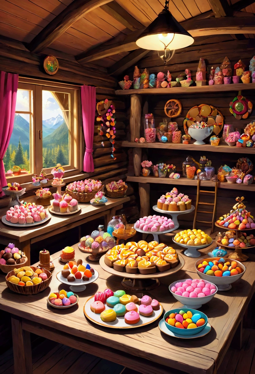 table full of sweets in a cabin full of sweets