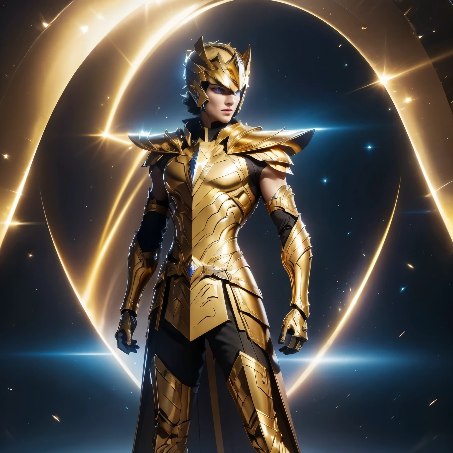 It's a man. The image presents a highly detailed and futuristic armor designed for a male warrior. The armor combines elements from different parts to create a cohesive and powerful look. Helmet: The helmet features a sleek, aerodynamic design with a golden metallic finish. It has a central crest that rises upwards, and the visor glows with a bright blue light, giving it a high-tech, futuristic appearance. Pauldrons (Shoulder Pads): The shoulder pads are designed to be close to the chest, with angular lines extending smoothly toward the shoulders. They have a polished golden finish and curve elegantly upward, creating a harmonious transition between the chest and shoulders, while providing a majestic and protective look. Chest Plate: The chest plate is intricately segmented, with a combination of gold and dark metallic blue. It has a gem-like crystal in the center that emits a soft, mystical glow. The design of the chest plate is both protective and regal, with sharp, angular lines that add to the overall futuristic aesthetic. Arm Guards: The arm guards are sleek and streamlined, with articulated golden and purple segments that offer flexibility and protection. The design of the gauntlets is both robust and elegant, incorporating futuristic elements that blend with the classic style. Leg Armor: The legs are armored with segmented plates that are primarily gold and purple. The boots are angular and sturdy, with a design that conveys both strength and agility. The overall look of the leg armor is grounded yet sleek, completing the ensemble with a powerful stance. The background of the image is a dark cosmic scene, filled with distant stars and nebulae that highlight the polished surfaces of the armor. Dynamic lighting is used to emphasize the key features, particularly the glowing visor and central chest gem, reinforcing the mystical and imposing nature of the warrior.