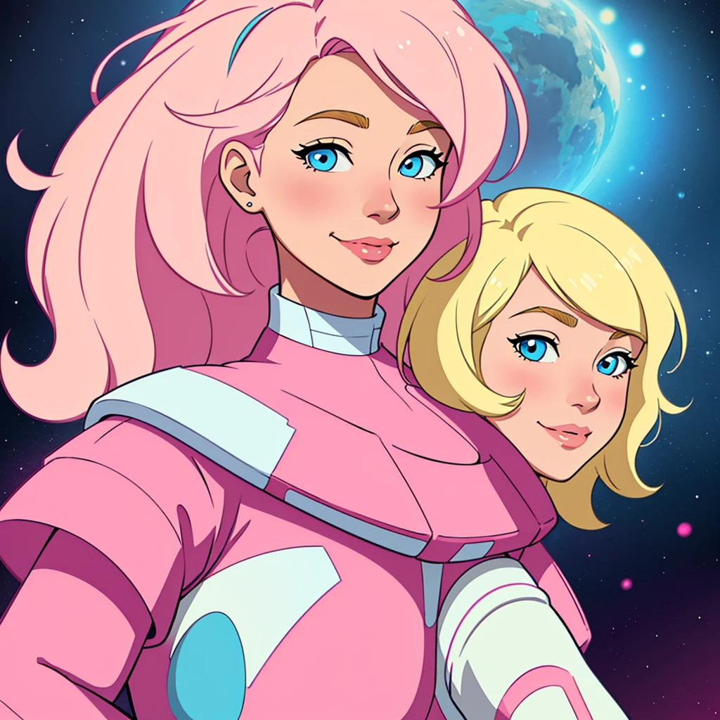 girl with medium short fluffy blonde hair with pink highlights, half body, portrait, soft colors unique and cute character design, pastel colors included. Smiling girl in a white and pink spacesuit with blue eyes. 