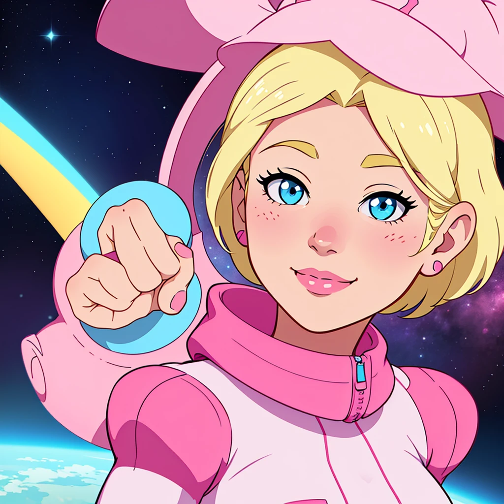 girl with medium short fluffy blonde hair with pink highlights, half body, portrait, soft colors unique and cute character design, pastel colors included. Smiling girl in a white and pink spacesuit with blue eyes. 