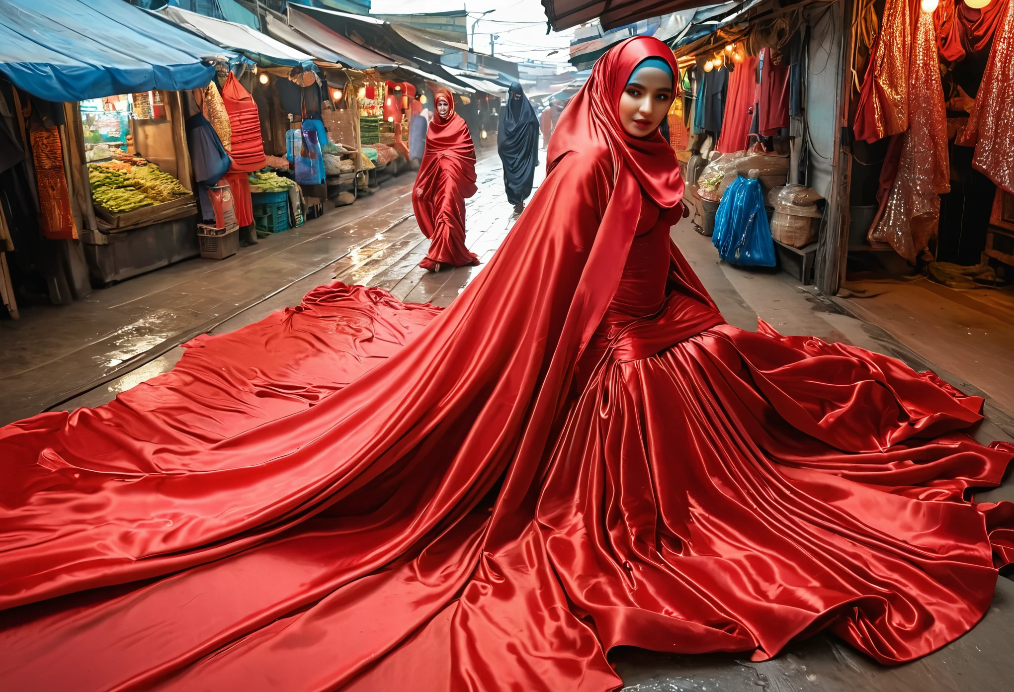 A woman shrouded in a 9-meter-long, plush red satin cloth, tightly bound and grandly draping along the form of her body, flowing off into a pooled floor-length train, styled in a mermaid-inspired outfit, her head modestly veiled in a satin hijab, 175 height woman, walk in wet traditional market, a full-body pose conveying a sense of elegance, captured in a 4k resolution, ultra-realistic