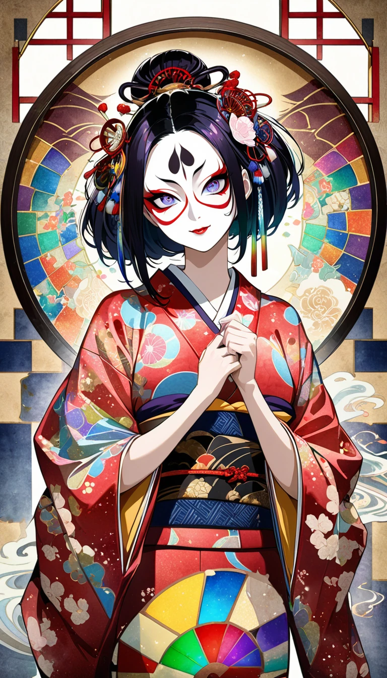 kabuki, kabuki make-up, Ukiyo-e, Japanese painting, woodblock print, attractive and seductive expression, wearing opened rainbow colorful Japanese kimono, background painted with a fusion of oil and watercolor iridescent stained glass, conceptual installation art, (ultra detailed, absolutely resolution, best quality:1.3), 2.5D, delicate and dynamic effects, glitter gold dust effects, artistic, hyper, graphic CG digital art