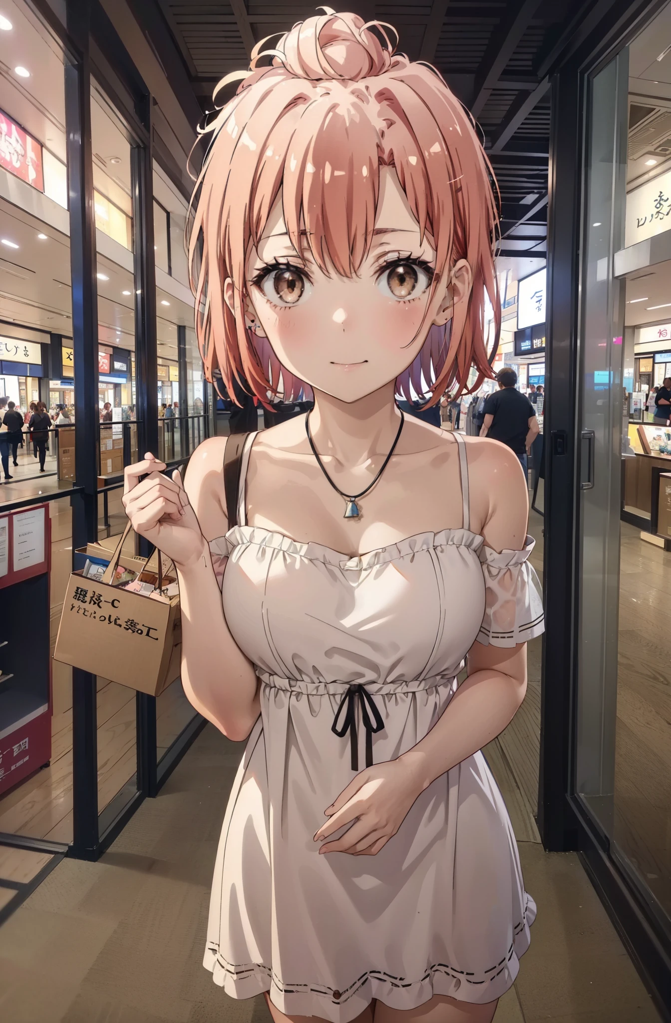 yuiyuigahama, yui yuigahama, short hair, (Brown eyes:1.5), (Pink Hair:1.2), Hair Bun, single Hair Bun,Big Breasts,smile,blush,Open your mouth,Off-the-shoulder dress,Exposing shoulders,bare clavicle,Bare neck,Rocket Pendant,mini skirt,Cute heeled sandals,Walking,whole bodyがイラストに入るように,
break indoors,Shopping mall,
break looking at viewer, whole body,
break (masterpiece:1.2), Highest quality, High resolution, unity 8k wallpaper, (shape:0.8), (Beautiful attention to detail:1.6), Highly detailed face, Perfect lighting, Extremely detailed CG, (Perfect hands, Perfect Anatomy),