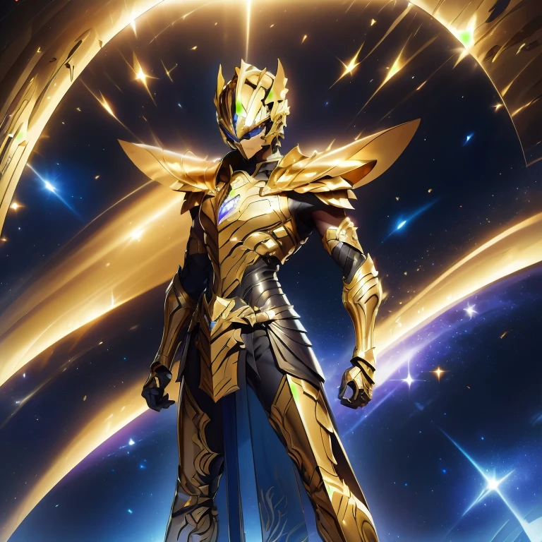 It's a man. The image presents a highly detailed and futuristic armor designed for a male warrior. The armor combines elements from different parts to create a cohesive and powerful look. Helmet: The helmet features a sleek, aerodynamic design with a golden metallic finish. It has a central crest that rises upwards, and the visor glows with a bright blue light, giving it a high-tech, futuristic appearance. Pauldrons (Shoulder Pads): The shoulder pads are designed to be close to the chest, with angular lines extending smoothly toward the shoulders. They have a polished golden finish and curve elegantly upward, creating a harmonious transition between the chest and shoulders, while providing a majestic and protective look. Chest Plate: The chest plate is intricately segmented, with a combination of gold and dark metallic blue. It has a gem-like crystal in the center that emits a soft, mystical glow. The design of the chest plate is both protective and regal, with sharp, angular lines that add to the overall futuristic aesthetic. Arm Guards: The arm guards are sleek and streamlined, with articulated golden and purple segments that offer flexibility and protection. The design of the gauntlets is both robust and elegant, incorporating futuristic elements that blend with the classic style. Leg Armor: The legs are armored with segmented plates that are primarily gold and purple. The boots are angular and sturdy, with a design that conveys both strength and agility. The overall look of the leg armor is grounded yet sleek, completing the ensemble with a powerful stance. The background of the image is a dark cosmic scene, filled with distant stars and nebulae that highlight the polished surfaces of the armor. Dynamic lighting is used to emphasize the key features, particularly the glowing visor and central chest gem, reinforcing the mystical and imposing nature of the warrior.