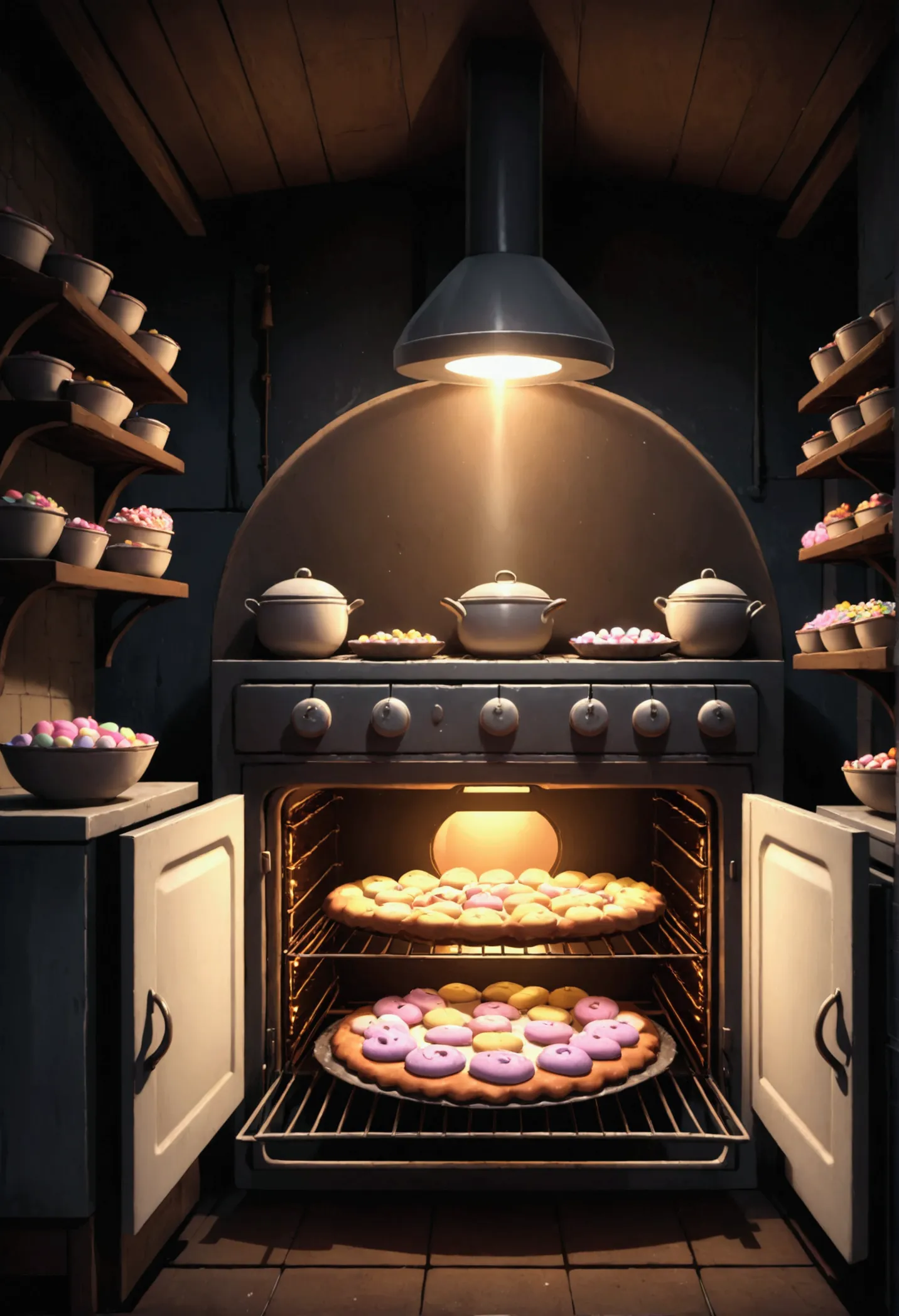 animation of a large oven in a house full of sweets, dark and gloomy environment