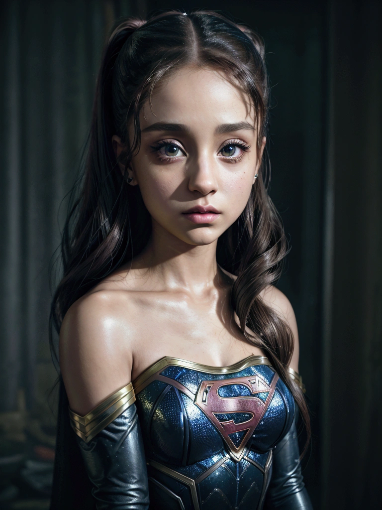 Ariana Grande as Supergirl from DC Comics,dark mode,cinematic,fog,dark environment,rare illumination,moody lighting,cinematic,dramatic,heroic pose,intense expression,chiaroscuro,volumetric lighting,deep shadows,glowing eyes,tattered costume,dystopian,gritty,photorealistic,intricate details,high quality,8k,cinematic lighting.