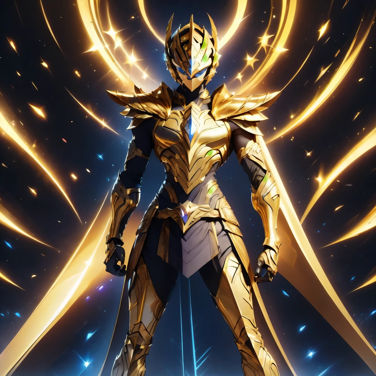 It's a man. The image presents a highly detailed and futuristic armor designed for a male warrior. The armor combines elements from different parts to create a cohesive and powerful look. Helmet: The helmet features a sleek, aerodynamic design with a golden metallic finish. It has a central crest that rises upwards, and the visor glows with a bright blue light, giving it a high-tech, futuristic appearance. Pauldrons (Shoulder Pads): The shoulder pads are designed to be close to the chest, with angular lines extending smoothly toward the shoulders. They have a polished golden finish and curve elegantly upward, creating a harmonious transition between the chest and shoulders, while providing a majestic and protective look. Chest Plate: The chest plate is intricately segmented, with a combination of gold and dark metallic blue. It has a gem-like crystal in the center that emits a soft, mystical glow. The design of the chest plate is both protective and regal, with sharp, angular lines that add to the overall futuristic aesthetic. Arm Guards: The arm guards are sleek and streamlined, with articulated golden and purple segments that offer flexibility and protection. The design of the gauntlets is both robust and elegant, incorporating futuristic elements that blend with the classic style. Leg Armor: The legs are armored with segmented plates that are primarily gold and purple. The boots are angular and sturdy, with a design that conveys both strength and agility. The overall look of the leg armor is grounded yet sleek, completing the ensemble with a powerful stance. The background of the image is a dark cosmic scene, filled with distant stars and nebulae that highlight the polished surfaces of the armor. Dynamic lighting is used to emphasize the key features, particularly the glowing visor and central chest gem, reinforcing the mystical and imposing nature of the warrior.