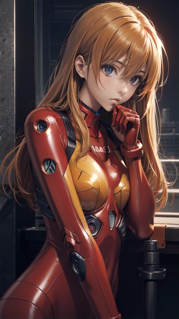 (masterpiece),best quality,1girl,breasts,upper body,souryuu asuka langley,1girl,plugsuit,bodysuit,red bodysuit,long hair,solo,breasts,from side,lips,leaning forward,orange hair,finger to mouth,