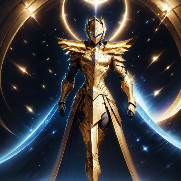 It's a man. The image presents a highly detailed and futuristic armor designed for a male warrior. The armor combines elements from different parts to create a cohesive and powerful look. Helmet: The helmet features a sleek, aerodynamic design with a golden metallic finish. It has a central crest that rises upwards, and the visor glows with a bright blue light, giving it a high-tech, futuristic appearance. Pauldrons (Shoulder Pads): The shoulder pads are designed to be close to the chest, with angular lines extending smoothly toward the shoulders. They have a polished golden finish and curve elegantly upward, creating a harmonious transition between the chest and shoulders, while providing a majestic and protective look. Chest Plate: The chest plate is intricately segmented, with a combination of gold and dark metallic blue. It has a gem-like crystal in the center that emits a soft, mystical glow. The design of the chest plate is both protective and regal, with sharp, angular lines that add to the overall futuristic aesthetic. Arm Guards: The arm guards are sleek and streamlined, with articulated golden and purple segments that offer flexibility and protection. The design of the gauntlets is both robust and elegant, incorporating futuristic elements that blend with the classic style. Leg Armor: The legs are armored with segmented plates that are primarily gold and purple. The boots are angular and sturdy, with a design that conveys both strength and agility. The overall look of the leg armor is grounded yet sleek, completing the ensemble with a powerful stance. The background of the image is a dark cosmic scene, filled with distant stars and nebulae that highlight the polished surfaces of the armor. Dynamic lighting is used to emphasize the key features, particularly the glowing visor and central chest gem, reinforcing the mystical and imposing nature of the warrior.