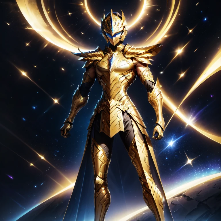 It's a man. The image presents a highly detailed and futuristic armor designed for a male warrior. The armor combines elements from different parts to create a cohesive and powerful look. Helmet: The helmet features a sleek, aerodynamic design with a golden metallic finish. It has a central crest that rises upwards, and the visor glows with a bright blue light, giving it a high-tech, futuristic appearance. Pauldrons (Shoulder Pads): The shoulder pads are designed to be close to the chest, with angular lines extending smoothly toward the shoulders. They have a polished golden finish and curve elegantly upward, creating a harmonious transition between the chest and shoulders, while providing a majestic and protective look. Chest Plate: The chest plate is intricately segmented, with a combination of gold and dark metallic blue. It has a gem-like crystal in the center that emits a soft, mystical glow. The design of the chest plate is both protective and regal, with sharp, angular lines that add to the overall futuristic aesthetic. Arm Guards: The arm guards are sleek and streamlined, with articulated golden and purple segments that offer flexibility and protection. The design of the gauntlets is both robust and elegant, incorporating futuristic elements that blend with the classic style. Leg Armor: The legs are armored with segmented plates that are primarily gold and purple. The boots are angular and sturdy, with a design that conveys both strength and agility. The overall look of the leg armor is grounded yet sleek, completing the ensemble with a powerful stance. The background of the image is a dark cosmic scene, filled with distant stars and nebulae that highlight the polished surfaces of the armor. Dynamic lighting is used to emphasize the key features, particularly the glowing visor and central chest gem, reinforcing the mystical and imposing nature of the warrior.