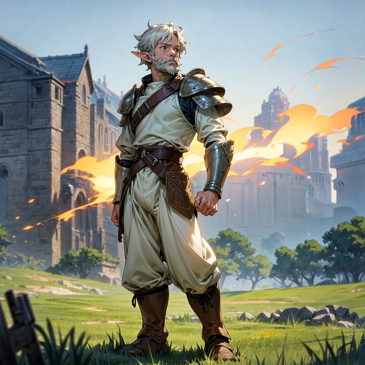 Solo character, full body version, old man, muscle, thin beard, (elf), blue eyes, white color hair, short Curly hair, white shirt, long pants, boots, outdoor, field, Greenland, medieval, standing gesture, detailed background, detailed clothing, detailed hair, (Makoto shinkai style art), armor, Fire effect on background 