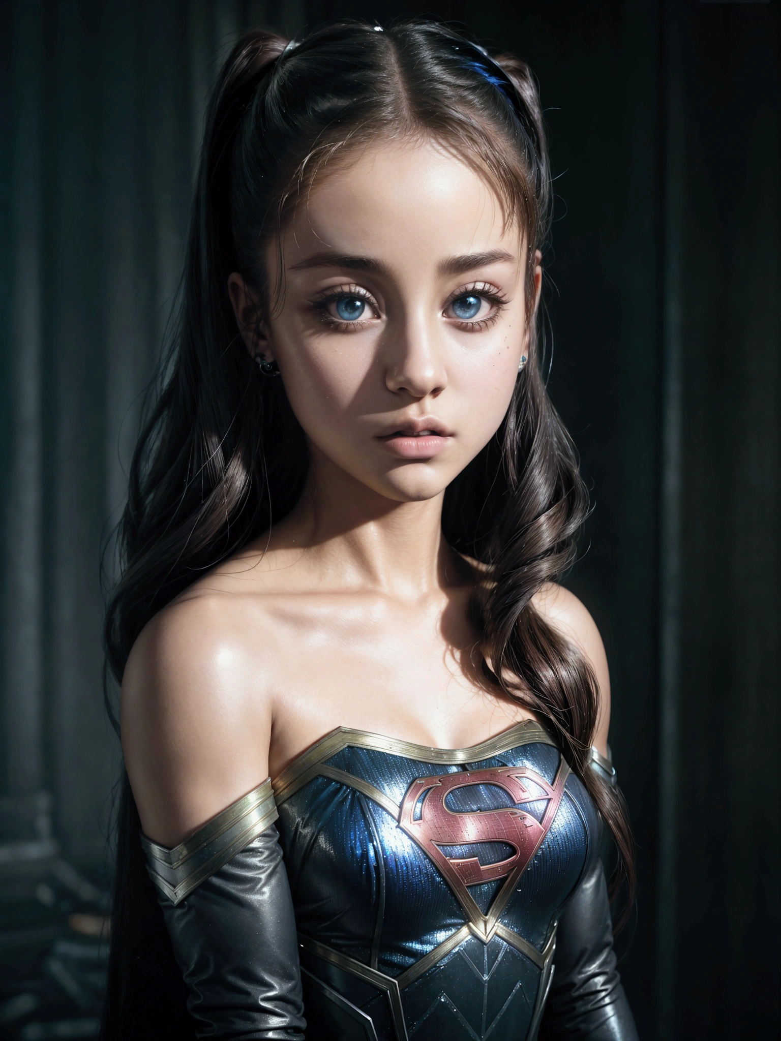 Ariana Grande as Supergirl from DC Comics,dark mode,cinematic,fog,dark environment,rare illumination,moody lighting,cinematic,dramatic,heroic pose,intense expression,chiaroscuro,volumetric lighting,deep shadows,glowing eyes,tattered costume,dystopian,gritty,photorealistic,intricate details,high quality,8k,cinematic lighting.