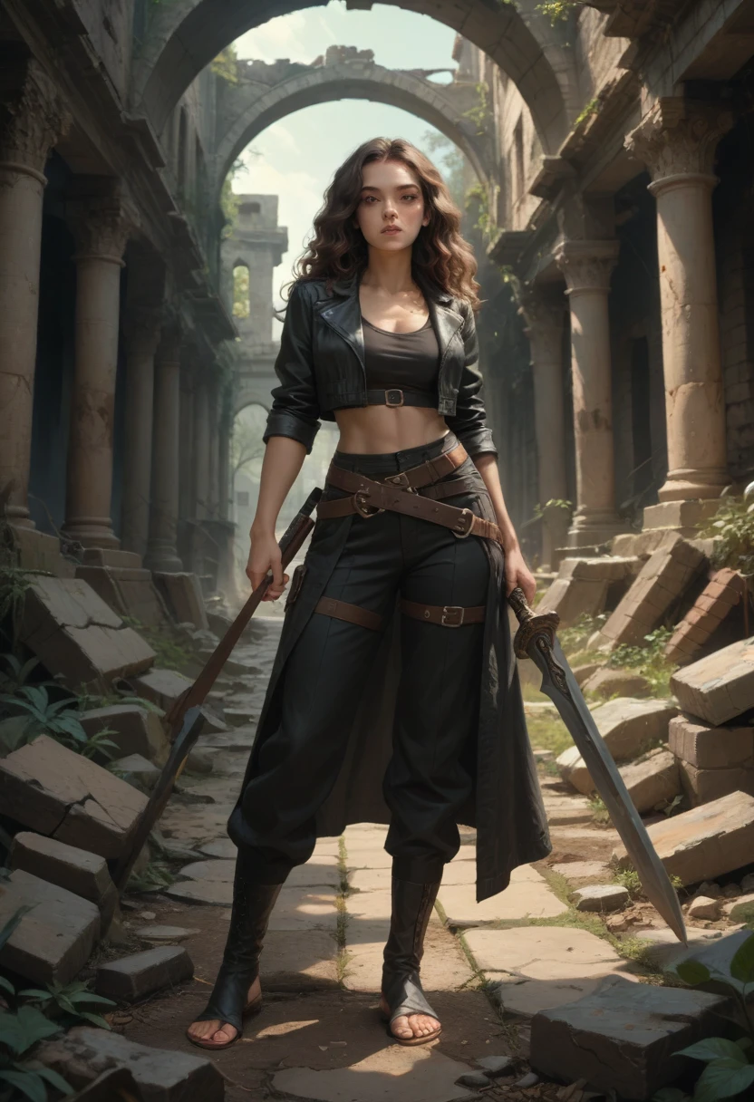 warrior woman brunette fair skin wavy hair (fully body) from head to toe realism richness of detail realistic hands five fingers leather clothing worked with details pants ruins behind