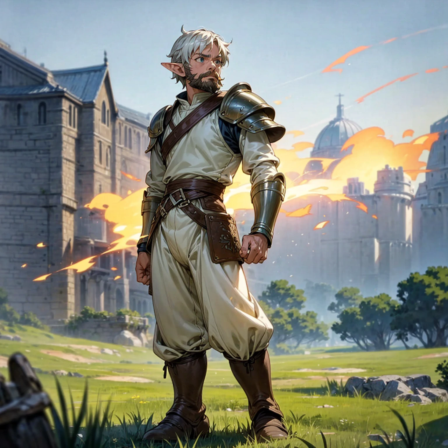 Solo character, full body version, old man, muscle, thin beard, (elf), blue eyes, white color hair, short Curly hair, white shirt, long pants, boots, outdoor, field, Greenland, medieval, standing gesture, detailed background, detailed clothing, detailed hair, (Makoto shinkai style art), armor, Fire effect on background 