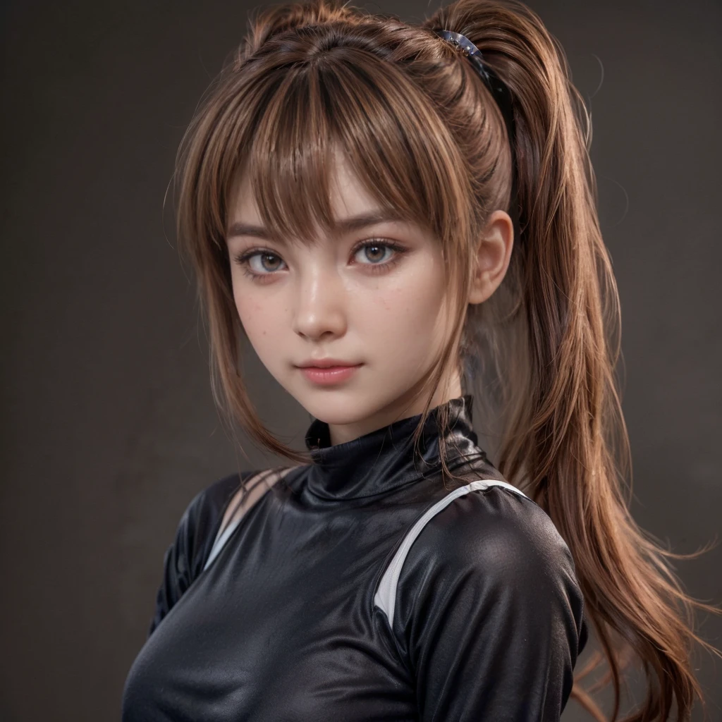 kasumi, eyes browns, (best qualityer, ultra detail), (realisitic:1.37), beautiful and detailed face, ultra-realisitic texture, Exquisite face, Delicate body, red lipgloss stick, shiny colors. High definition, 8k, expression a slight cute smile