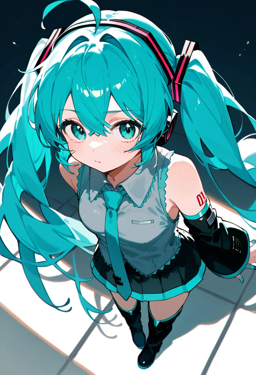 miku hatsune, ahoge, aqua eyes, aqua hair, crossed bangs, hair between eyes, hair ornament, headphones, long hair, twintails,　aqua necktie, black footwear, black skirt, black sleeves, boots, collared shirt, detached sleeves, grey shirt, necktie, pleated skirt, shirt, skirt, sleeveless, sleeveless shirt, thigh boots, tie clip,　from above