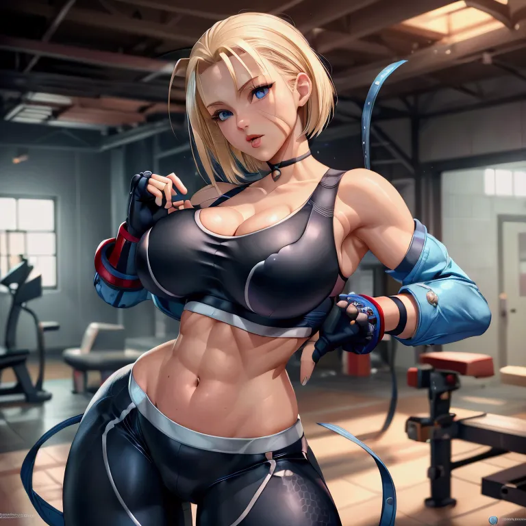 a realistic high quality image of cammy white sexy perky breasts, black sport bra, blue leggings , full frontal view