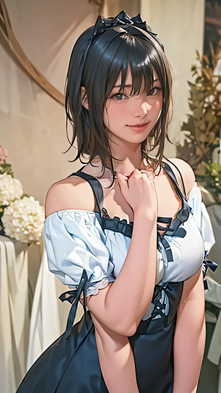 (Realistic, photo Realistic:1.37), Incredibly absurd, (Very detailed:1.3), 8k, (masterpiece), (highest quality:1.4), (Ultra-high resolution:1.2), (RAW Photos:1.2), Very detailed background, (unity 8k wallpaper), 1 nogizaka girl, very cute, (bishojo:1.35), (15 years:1.4),, (Delicate and beautiful dresses), (Blue rose hair accessory), (Exquisitely drawn beautiful faces, eyes and skin:1.1), (Detailed black shiny hair), Medium chest, (Smiling for the camera), Cowboy Shot, (European castle landscape), Professional Lighting Information
