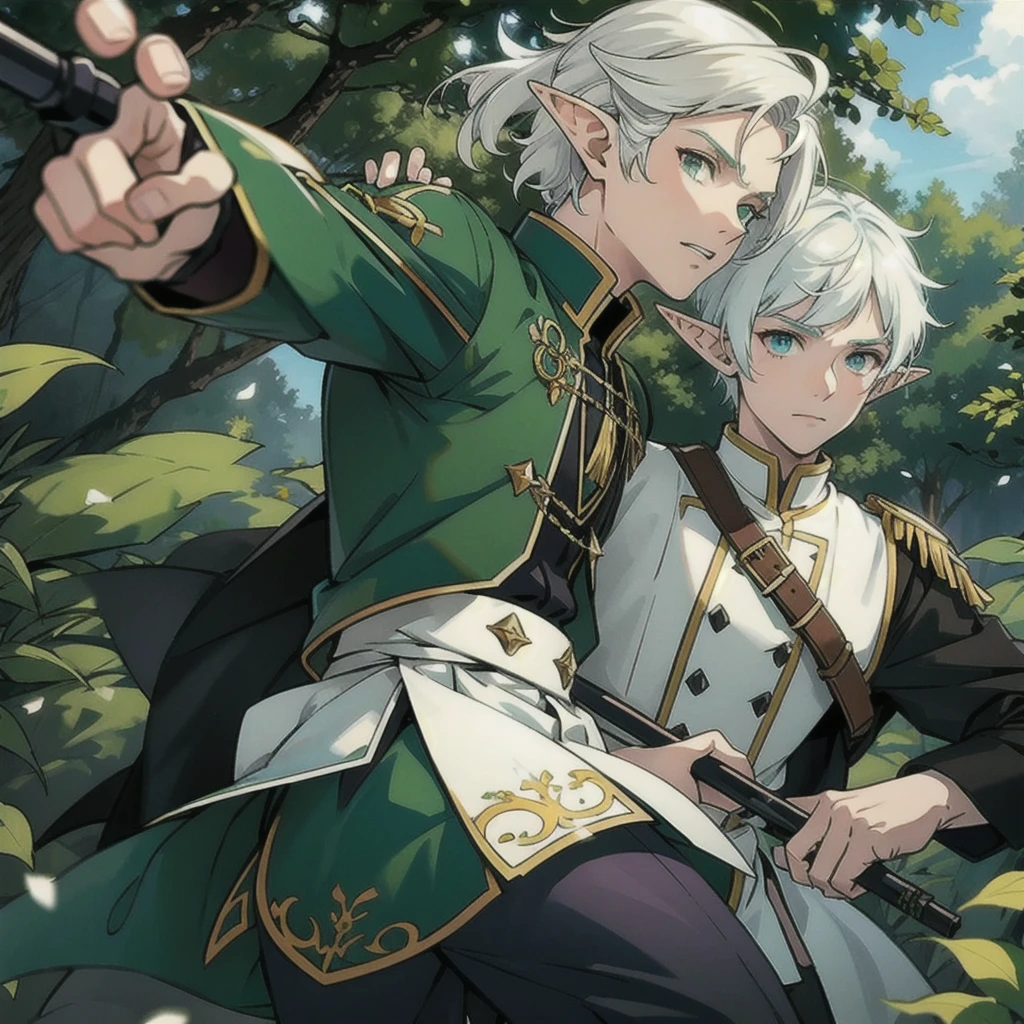 An elf man, bonitas, White hair, bright green eyes, Athletic, elf style clothes, green details, blue-green, maroon, with a bow in hand, atirando uma flecha com aura de vento blue-green, aiming at a black wyvern with purple eyes in the sky, in the middle of a forest with shadows, ultra detaild, 8k
