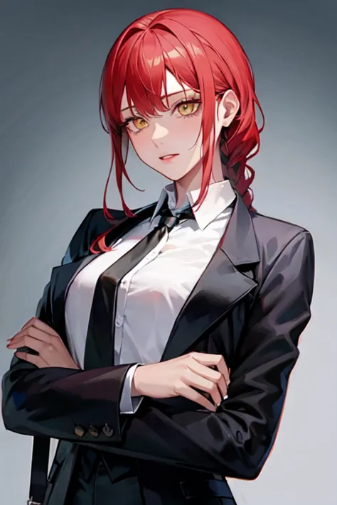 (highest quality)、(highest quality)、hand、expressionless、strong redhead、suit、braiding、black tie、