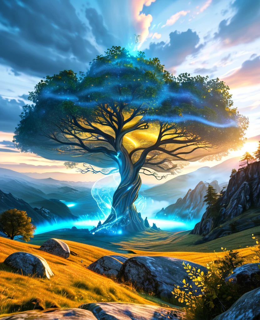 Surreal, fantasy-style digital artwork featuring a mystical landscape. The layout centers on a large, ancient tree with gnarled branches and golden leaves, standing atop a rocky hill. Beside the tree is a spectral figure shrouded in a flowing, ethereal cloak, emitting a radiant blue aura. The background is filled with swirling clouds and a vibrant, otherworldly sky, illuminated by a bright, glowing light source. The scene is enveloped in a misty, dreamlike atmosphere, with small, glowing particles scattered throughout the air, enhancing the magical ambiance.UHD, 4K, super detail, anatomically correct, highres