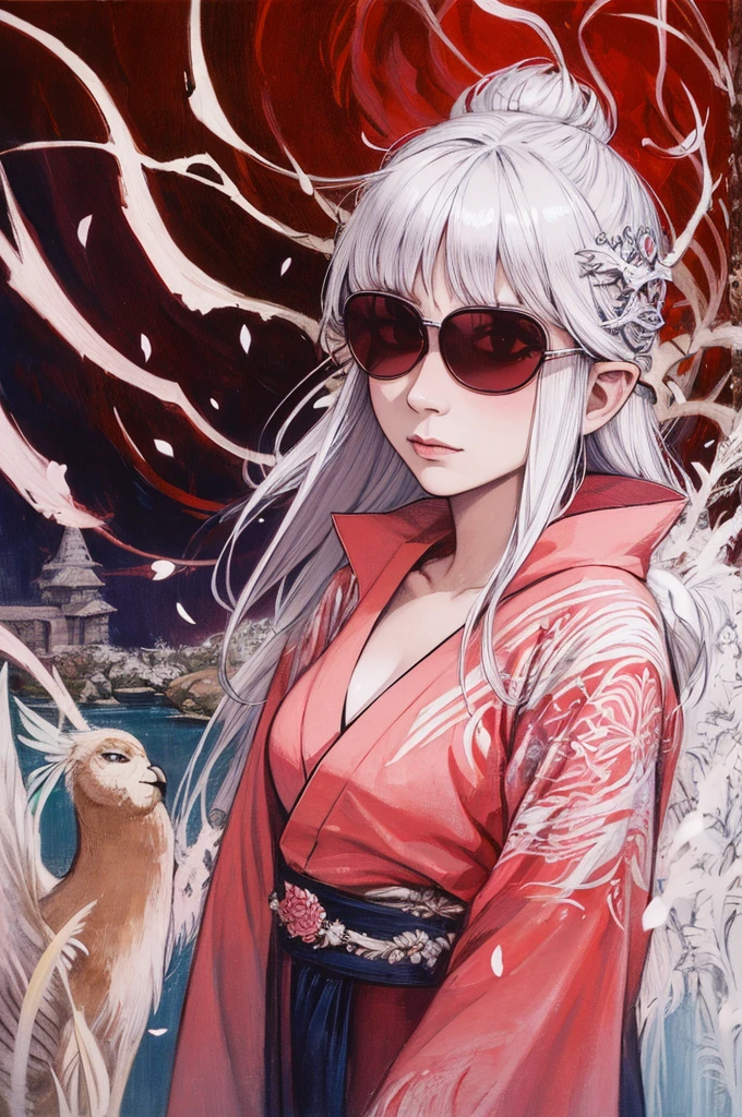 a woman with red wings, white hair on the shoulder, eye white, cleriga, wearing a light pink kimono , blue sunglasses, de corpo inteiro, in a style that combines dungeons and dragons art, oil painting, complex lighting, water colour, fancy, defined lines, saturated flat cores, film composition, perspective, Sketch Style, ultra-realistic, HD, with warm colors.