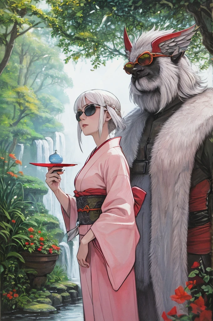 a woman with red wings, white hair on the shoulder, eye white, cleriga, wearing a light pink kimono , blue sunglasses, de corpo inteiro, in a style that combines dungeons and dragons art, oil painting, complex lighting, water colour, fancy, defined lines, saturated flat cores, film composition, perspective, Sketch Style, ultra-realistic, HD, with warm colors.