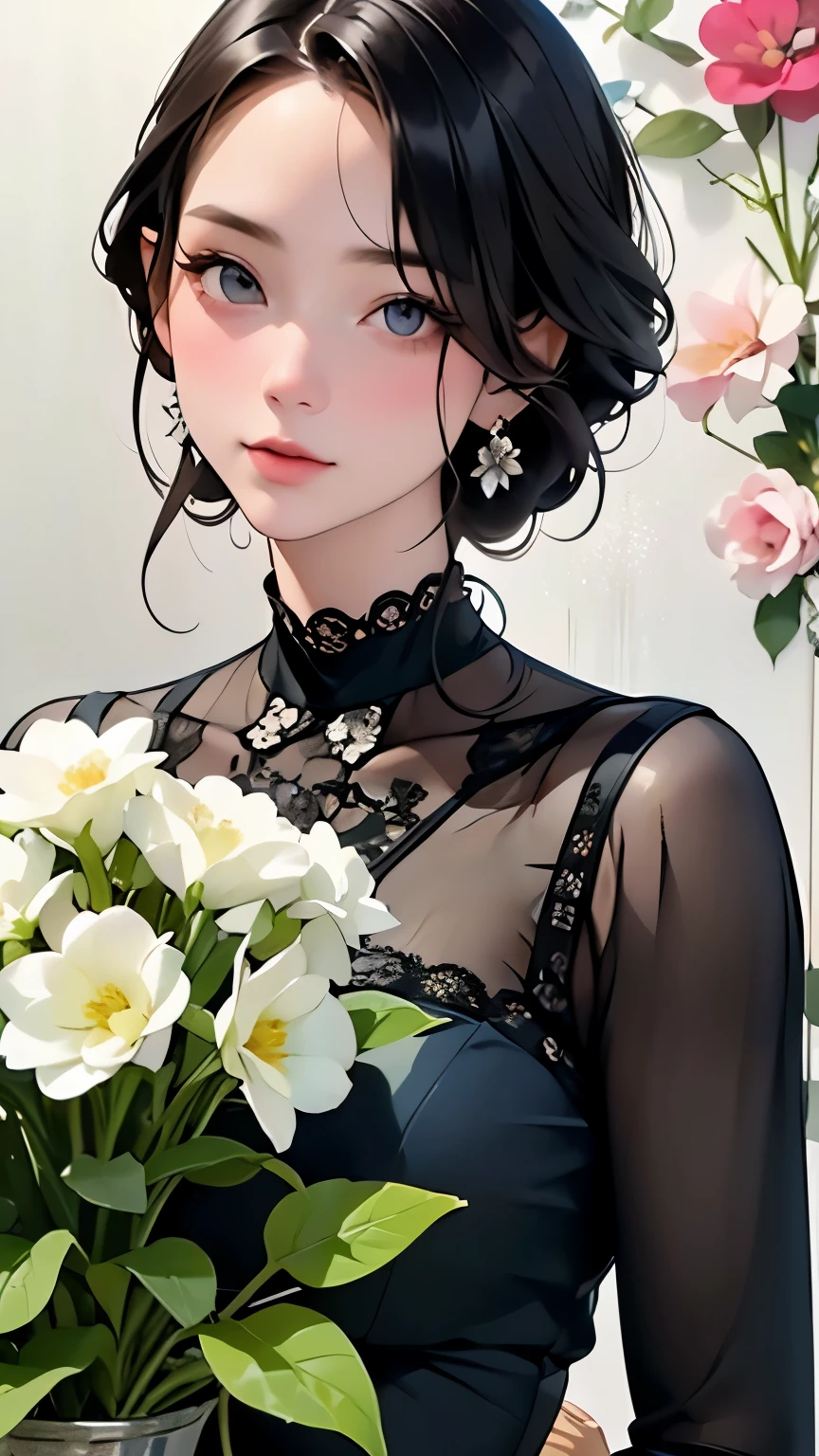 Beautiful woman、flower arrangement、Wabi-sabi art、Very detailed_face_eye、Very detailedface、Black Dress、white、gray、red、parchment、抽象的flower arrangement、Three big flowers、Surrealist art、silence、wallpaper、Highest quality、masterpiece、High resolution、８ｋ