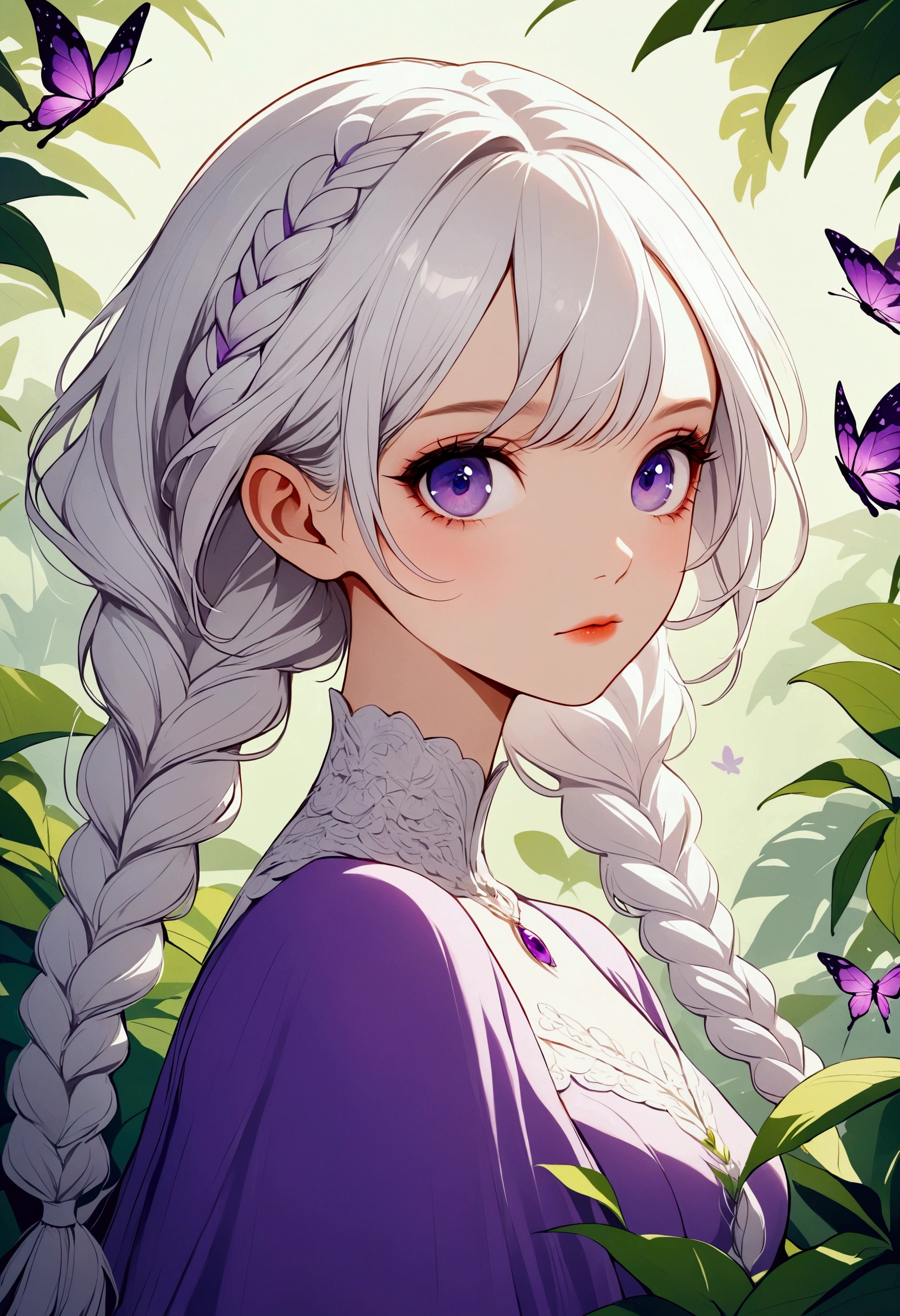 Vector illustration，Beautiful witch with two purple braids，A couple of 1 girl and 1 boy, White hair，Pink tip, blue eyes, Extremely detailed, Pretty Face,
Lovely：1.37，Purple Eyes，White hair-purple-long braids。jungle，vegetation，Lush，, Digital illustration style, Fluorescent green color scheme, Soft shadows, Simple line art, close up, Minimalism, Soft colors, Swarms of glowing butterflies，