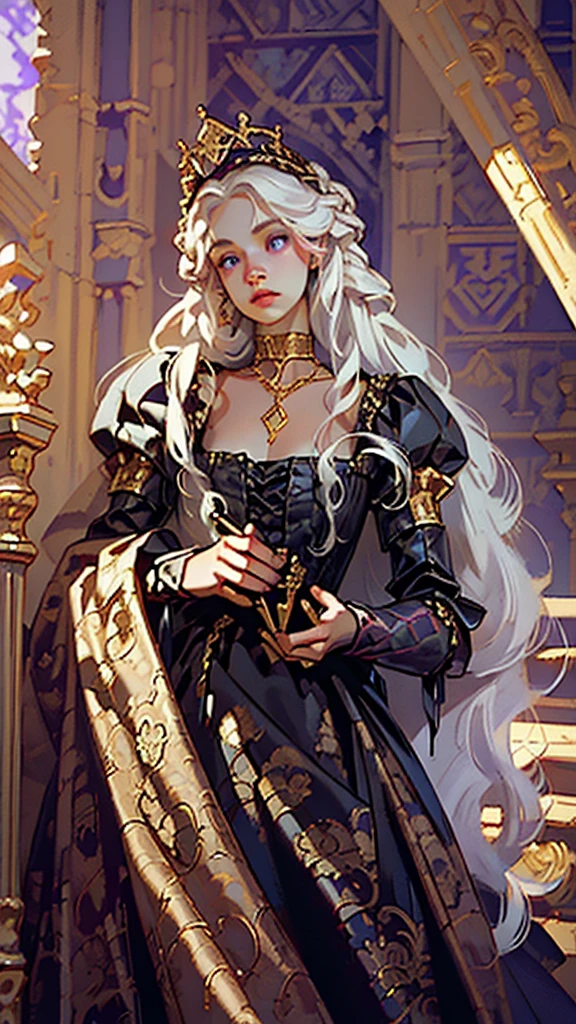 Beautiful albino woman with detailed braided medieval hairstyle (silky hair)(updo) (white hair,wearing detailed medieval horse riding clothes (red and black colours), with gold accessories and gold tiara, medieval queen, medieval woman,queen,game of thrones style,daenerys targaryen style, high quality, very detailed,hd quality, masterpiece ((purple eyes))