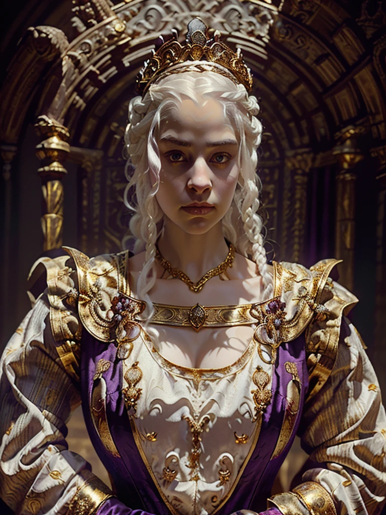 Beautiful albino woman with detailed braided medieval hairstyle (silky hair)(updo) (white hair,wearing detailed medieval horse riding clothes (red and black colours), with gold accessories and gold tiara, medieval queen, medieval woman,queen,game of thrones style,daenerys targaryen style, high quality, very detailed,hd quality, masterpiece ((purple eyes))