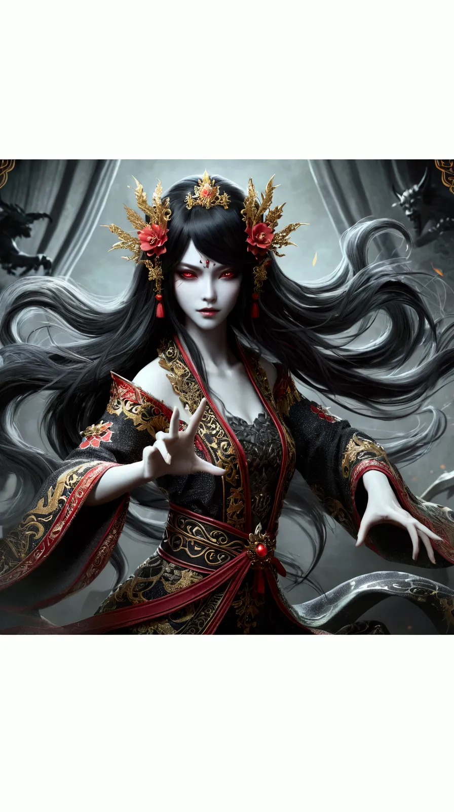 close-up of a woman with long hair and a crown on her head, a beautiful and elegant demon queen, 2. 5d cgi anime fantasy artwork...