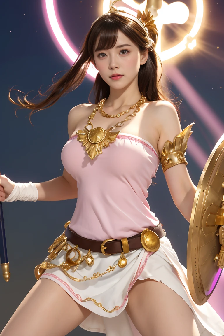 masterpiece, Highest quality, High resolution, hmpa1, pink, Parted bangs, Battle Tiara, Large Breasts, Golden Necklace, Exposing shoulders, Strapless Dress, Arm guard, belt, White Dress, White knee socks, Single knee socks, Outdoor, holding staff, staff, Hold a shield,Action pose